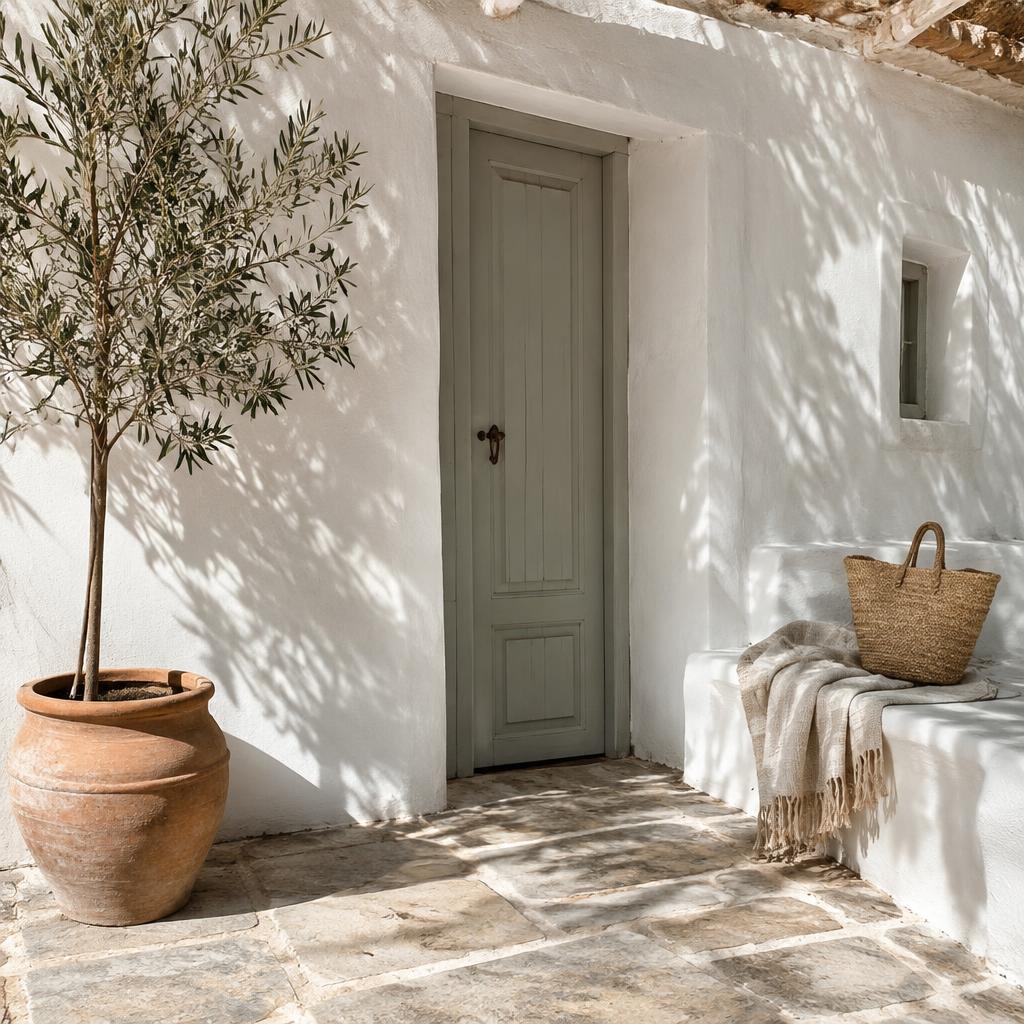 Sunlit whitewashed doorway with olive tree and woven bag